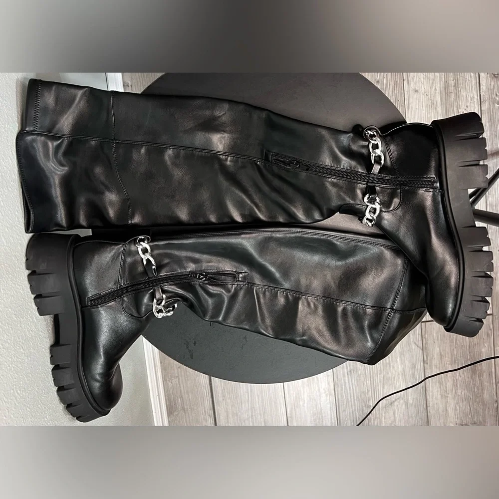 G By Guess Coen Tall Platform Boots Over The Knee Chain Chunky Festival Goth